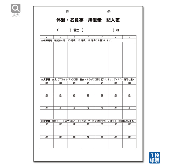 体温お食事排泄量記入票